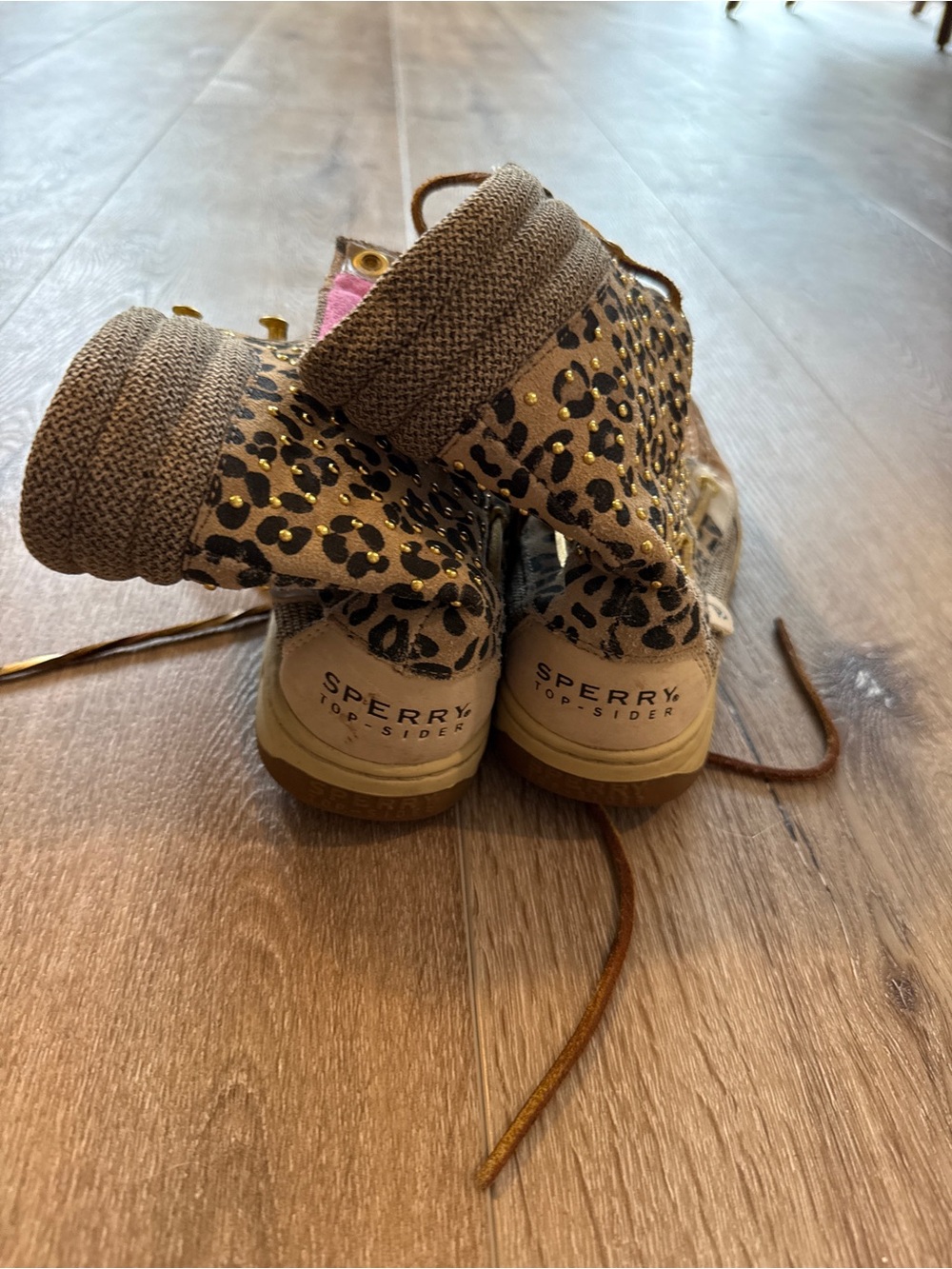 Sperry Leopard-Print Lace-Up Boots with Tan Leather and Pink Lining - Picture 3 of 5
